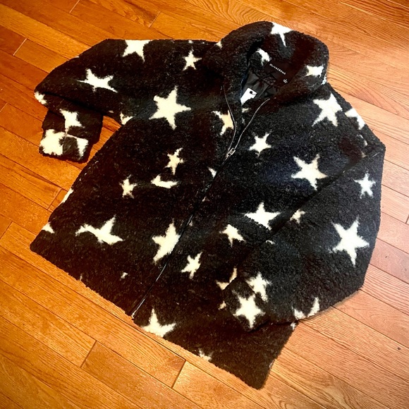 New NWT Vici teddy faux Sherpa black and white stars zippered jacket w/collar S - Picture 2 of 13